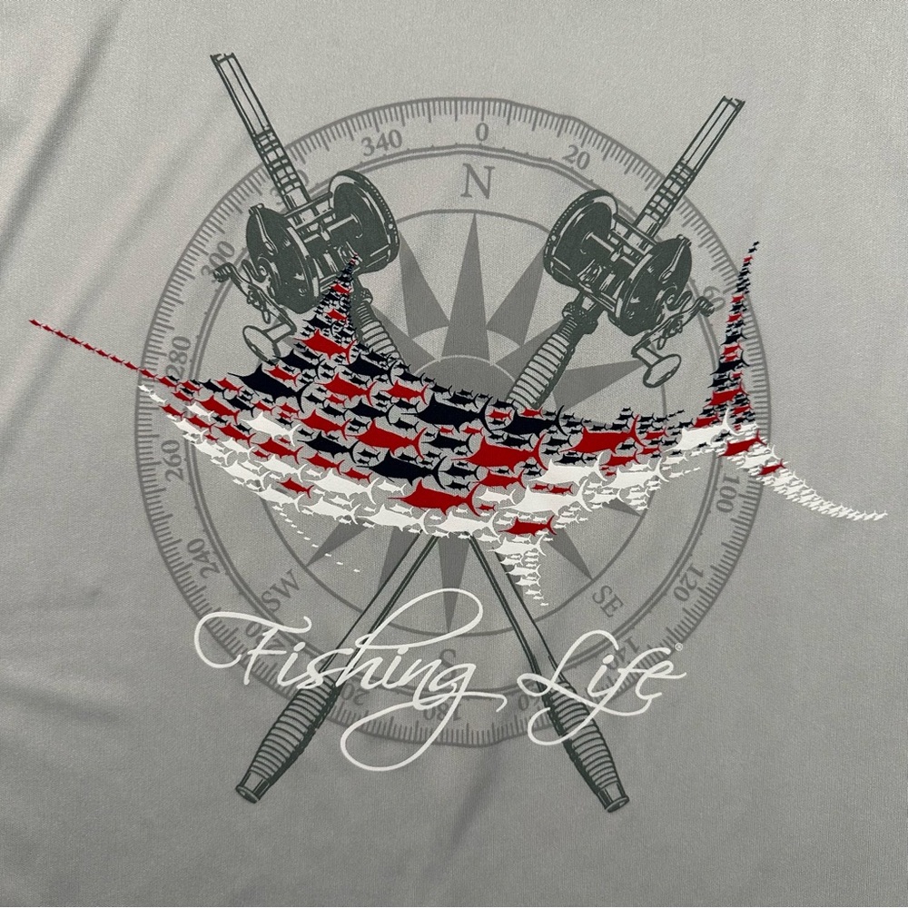 Fishing Life XL Gray UPF 50 Long Sleeve Fishing Shirt Compass Graphic - Picture 6 of 7